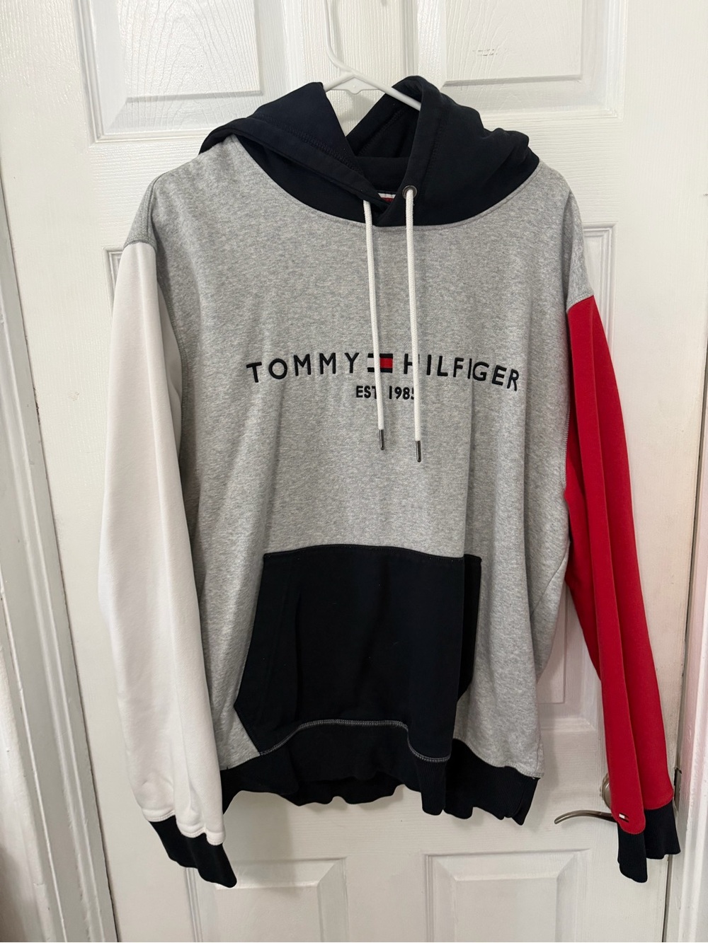Tommy Hilfiger Gray Colorblock Hoodie with Black, White & Red Accents